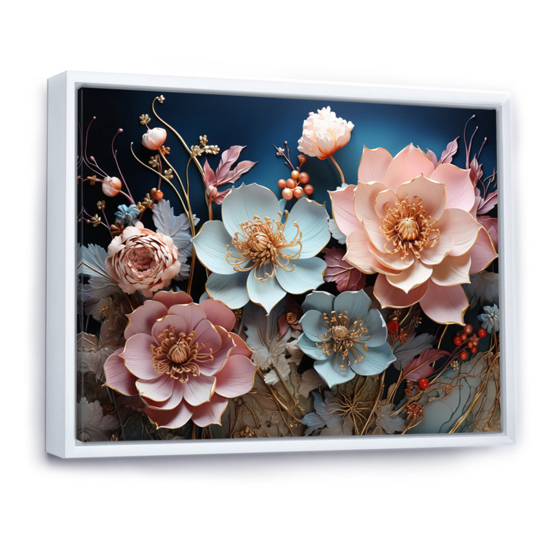 «Blue Enchanted Gardens I - Abstract Botanicals», impressions sur toile, L 32 po x H 16 po, Cadre flottant blanc