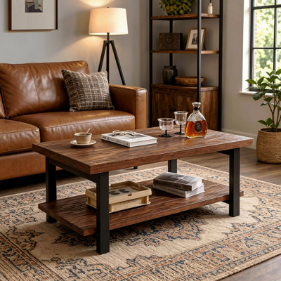 100% All‑Solid‑Wood Farmhouse Rustic Rectangle Coffee Table, Living Room Coffee Table With Open Storage Shelf, Heavy‑Duty Home Furniture