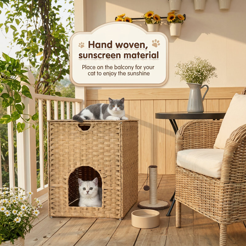 Maison pour chat en rotin en plastique tissée à la main avec tapis de litière, aucun assemblage requis, salle de bain cachée, pour balcon / chambre à coucher / salon