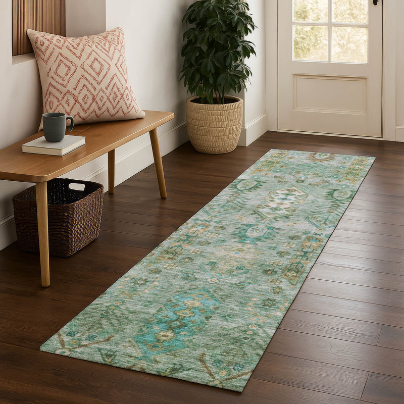 Premium Machine Washable Mayfield AMF2047 Global Rug, 2'3" x 7'6" Runner, Sage