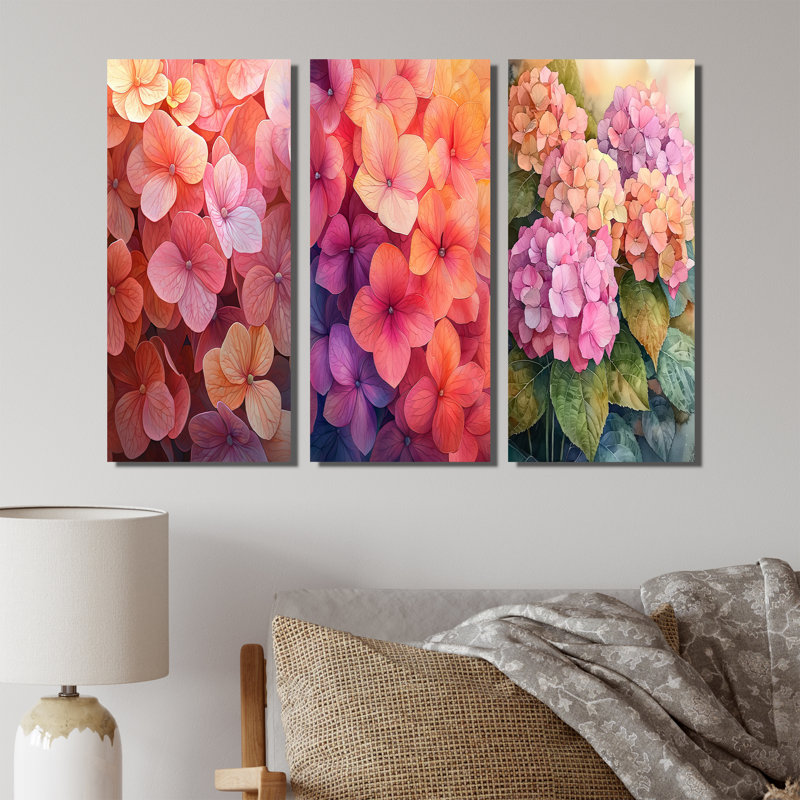 Hortensias dans la lueur du coucher du soleil I - Collection de décorations murales jaune hortensias, Toile tendue