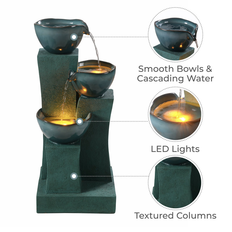 Jeany 28.54" Outdoor Water Fountain with LED Lights, Green