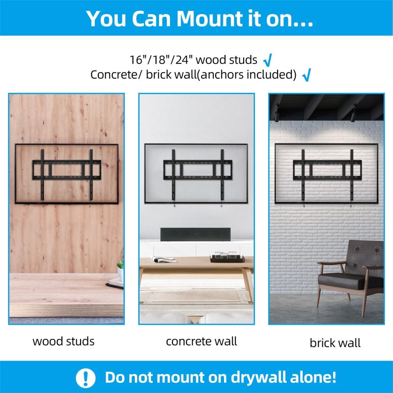 Heavy Duty Fixed TV Wall Mount Holds Up To 264Lbs, For Most 42-100 Inch Flat Curved Tvs Wall Mount Bracket Fits 16"/18"/24" Studs VESA 800X600mm Low Profile Space Saving For LED OLED LCD