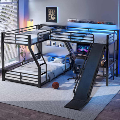 Metal Triple Bunk Bed, Bunk Bed With Twin Size Loft Bed,With Slide And USB Ports, Black