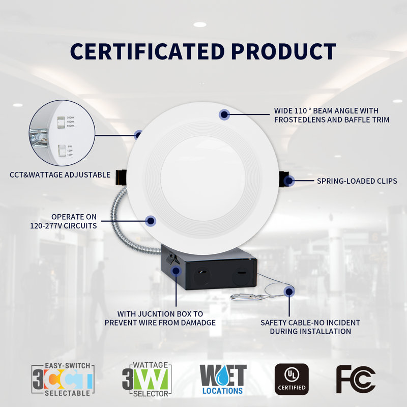 8 Inch Recessed LED Commercial Downlight with J-Box, Wattage Adjustable 16/21/27W,3 Color Selectable 3000K-5000K, 120-277V,0-10V Dimmable, IC Rated,Canless LED Downlight
