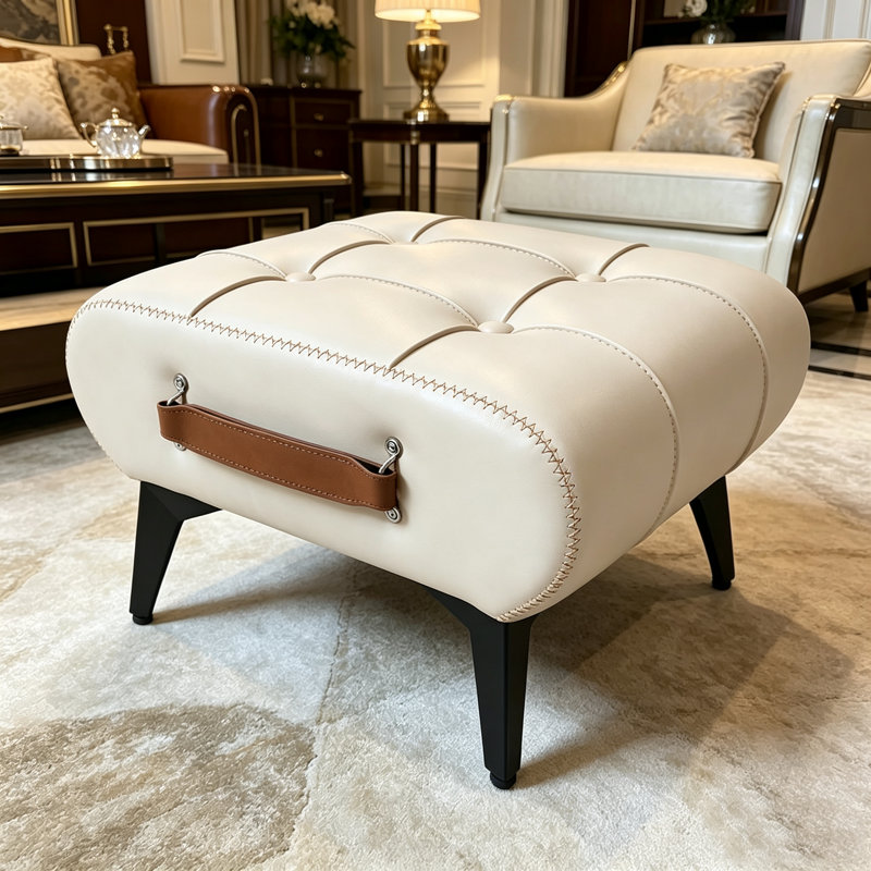 Repose-pieds moderne capitonné en cuir avec compartiment de rangement caché, Blanc + cuir