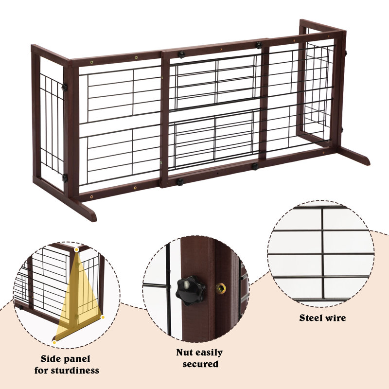 Barrière rétractable pour chien, barrière réglable pour bébé de 38 à 60 po avec bois et fil pour portes et escaliers, brun