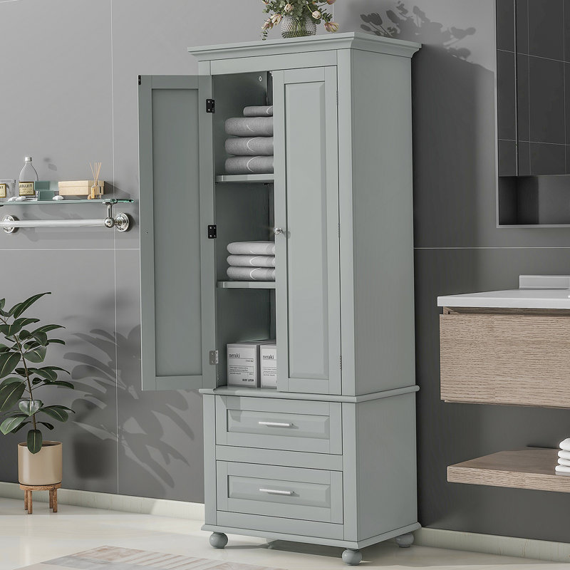 Armoire de salle de bain autoportante avec deux tiroirs pour la salle de bain, Gris