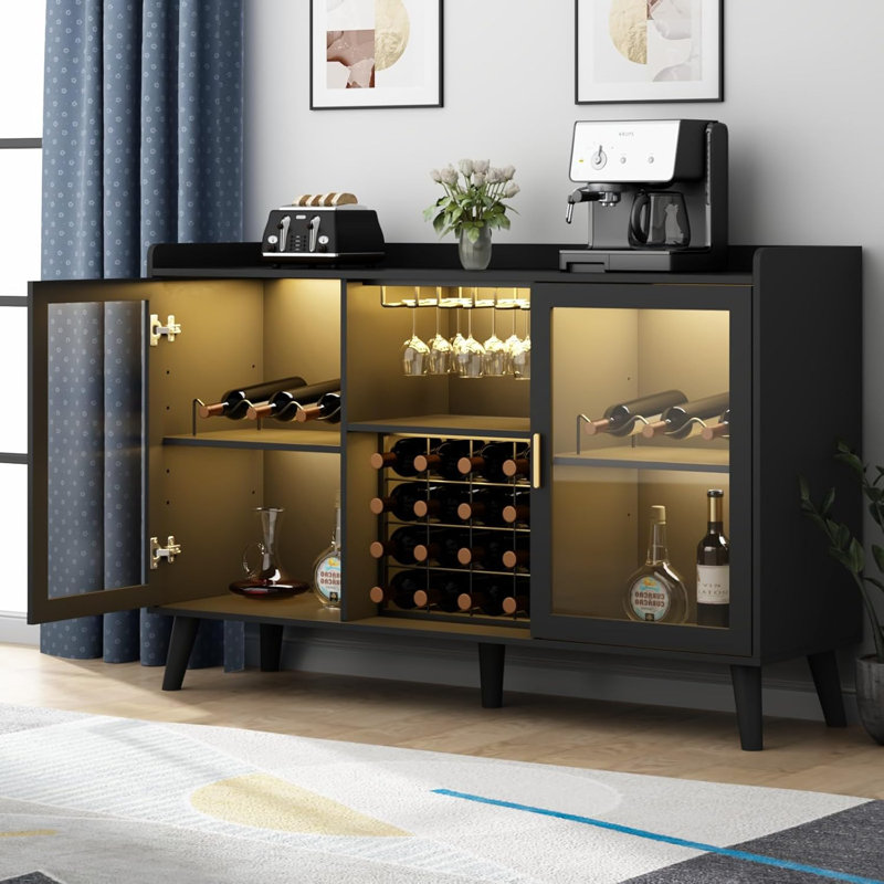 Bar à vin Ermo avec éclairage à DEL, armoire à café avec porte-bouteilles, Noir