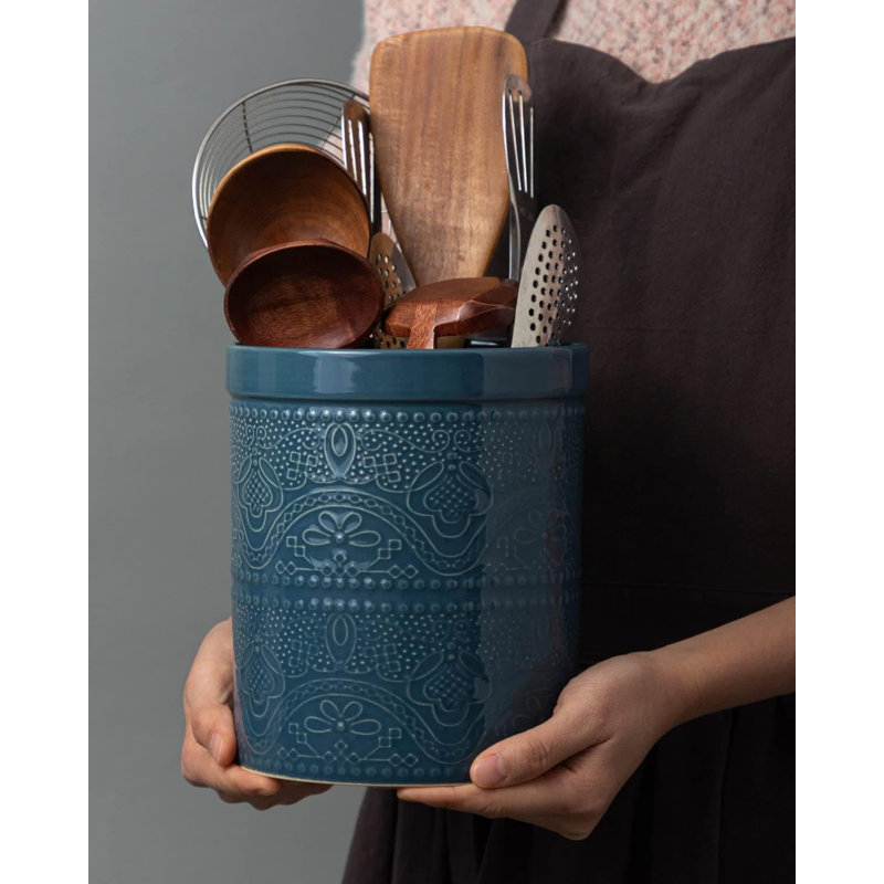 7.2" Super Large Ceramic Utensil Holder (Bright White, Lace Emboss), Blue