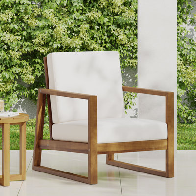  Fauteuil club d'extérieur moderne en bois avec structure épurée et coussins résistants aux intempéries, gris