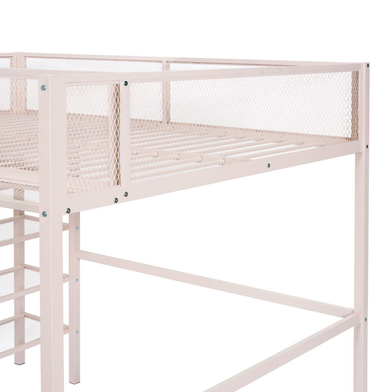 Lit mezzanine en métal avec tablettes à 4 niveaux et rangement, pour économiser de l'espace, Rose