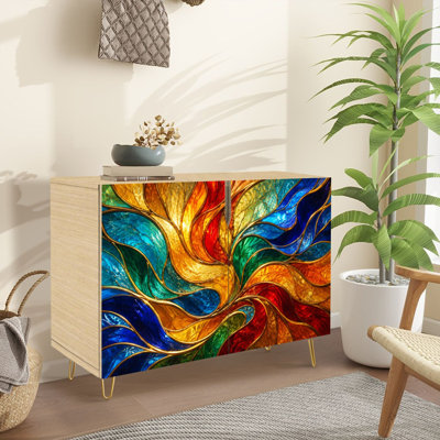 Sideboard Buffet Cabinet with Storage Colorful stained glass window Abstract stained glass Art Nouveau with 2 Doors for Living Room and Kitchen