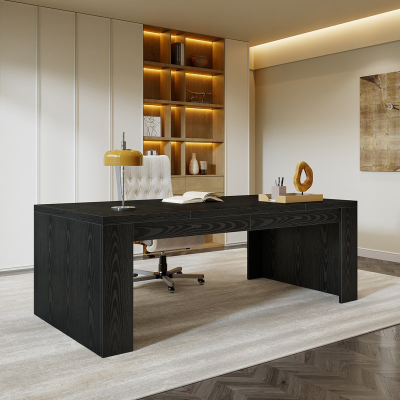 70.9-Inch Wooden Computer Desk, Large Farmhouse Executive Office Desk With Sturdy Double Pedestal Legs