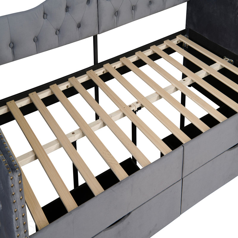 Lit de jour rembourré avec tiroirs de rangement, lit de jour simple en bois, avec ports USB et 2 tiroirs de rangement, sans sommier tapissier, gris