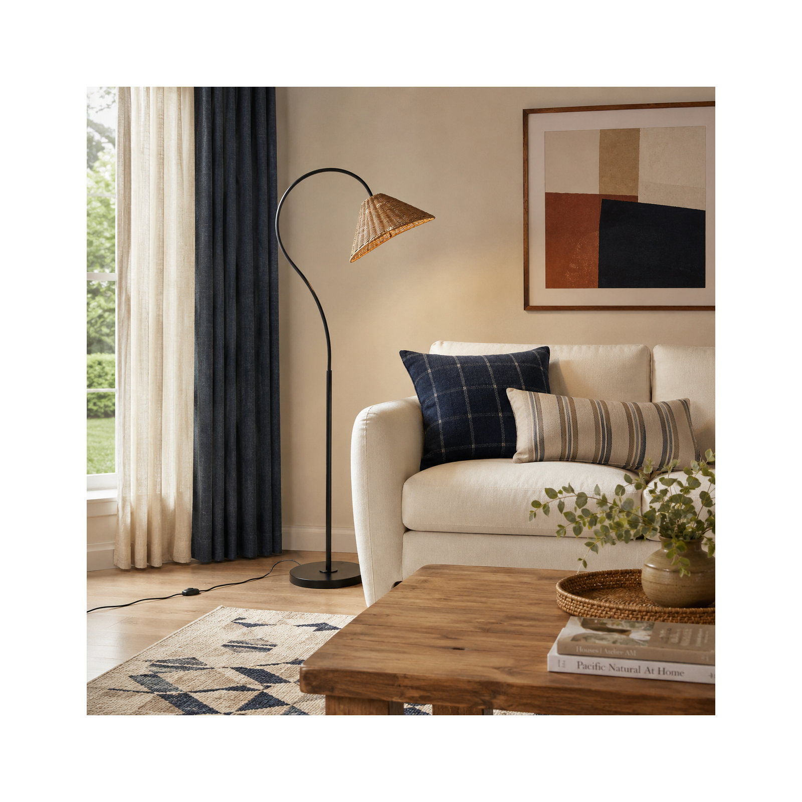 65” Arched Dimmable Rattan Floor Lamp, Black