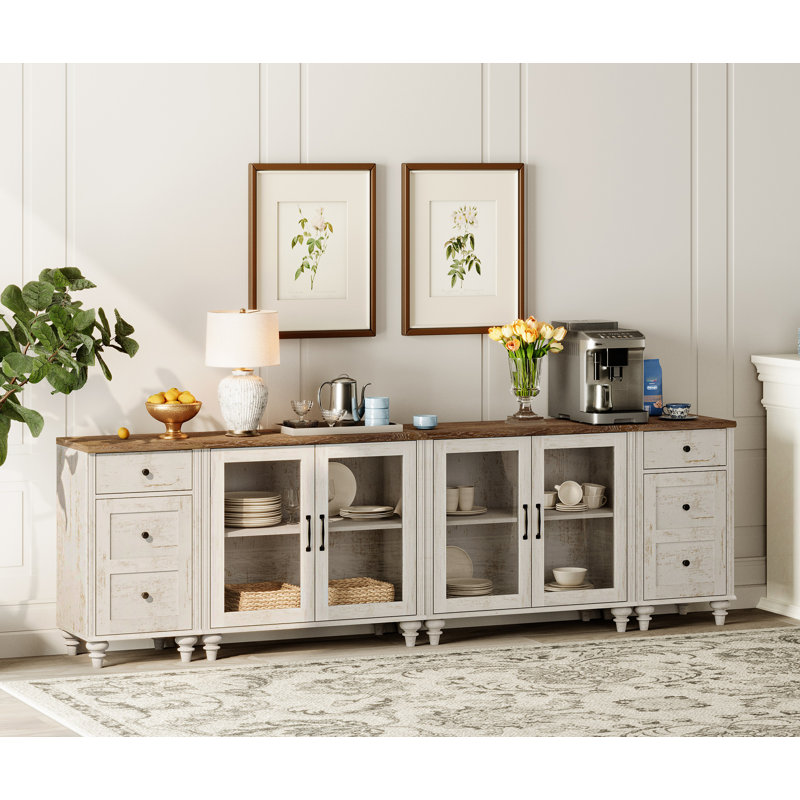 Buffet Corretta avec 4 portes en verre et plusieurs tiroirs, Blanc rustique / brun