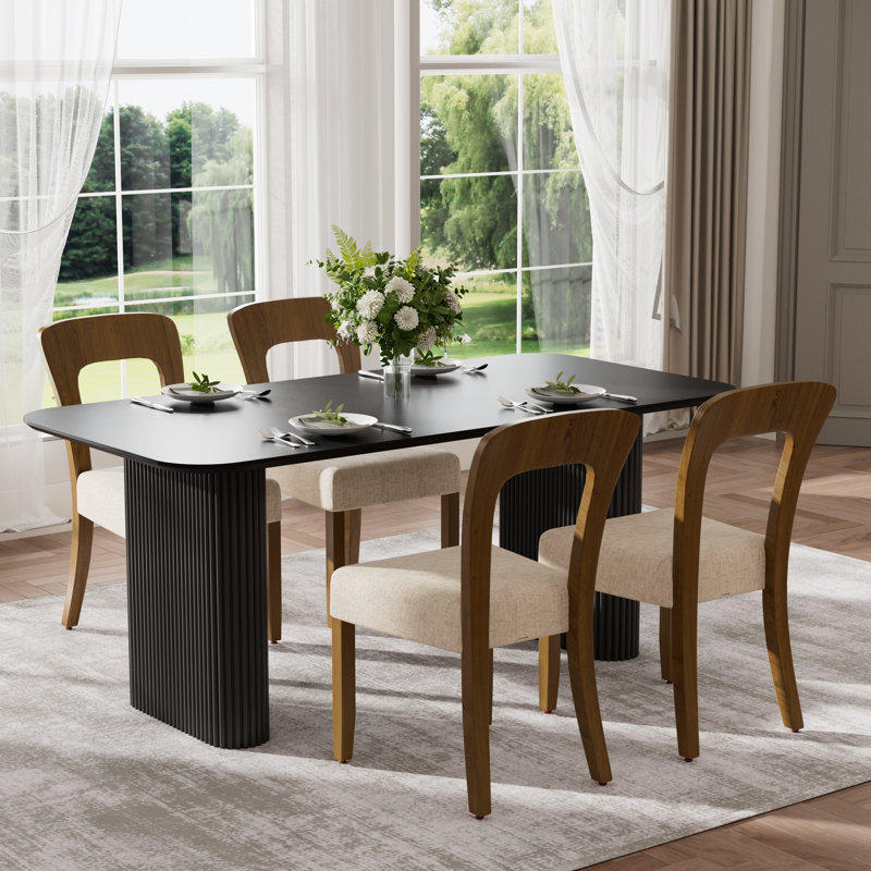 Ensemble de salle à manger rectangulaire à double piédestal avec chaise en chenille, Marron foncé, Noir