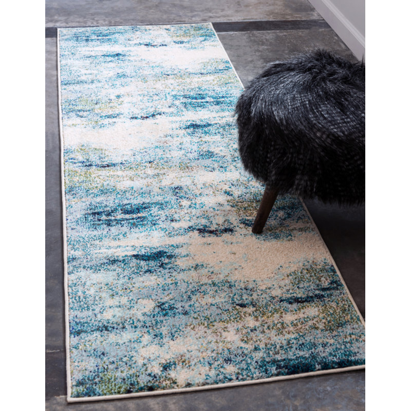 Tapis bleu clair tissé à la machine à motif abstrait Keimar, Tapis de couloir 2 pi 7 po x 10 pi