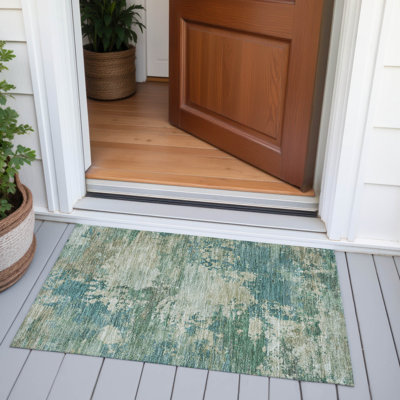 Machine Washable Indoor/Outdoor Xhevrie Teal Rug