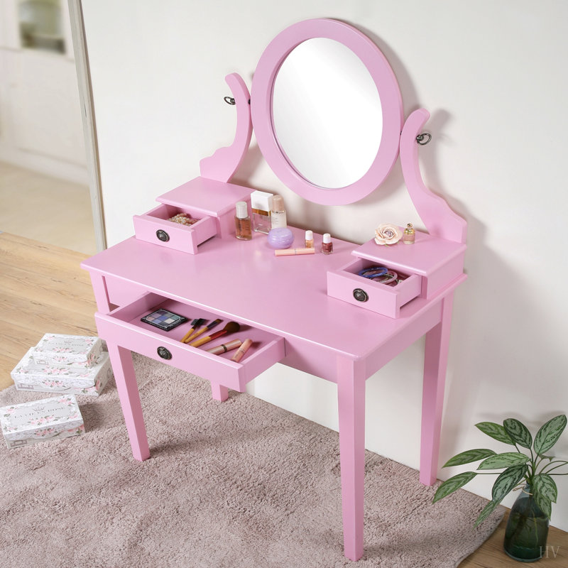 Ensemble coiffeuse et tabouret de maquillage, Rose