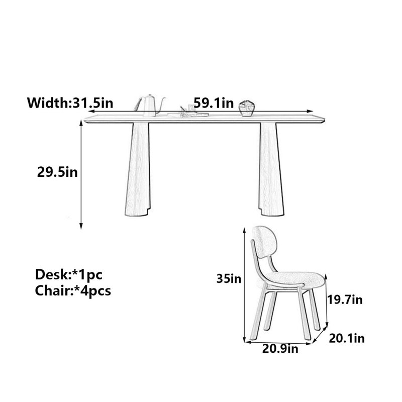 Table de salle à manger Mid-Century, 5 Pieces: Table, 4 Chairs, 29.5" H x 59.1" W x 31.5" D