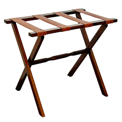 Dark Walnut Wood Straight Leg Luggage Rack With 4 Embossed Tan Leather Straps