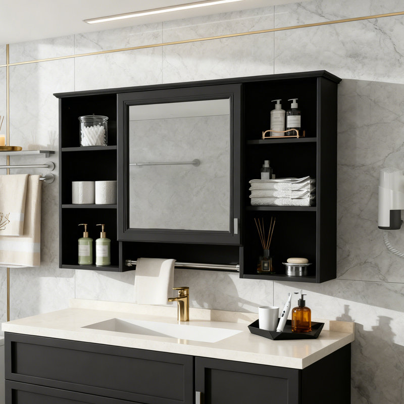 3-In-1 Wall Mounted Bathroom Cabinet With Adjustable Shelves & Soft Close Doors, Black, 28.7" H x 41" W x 7.1" D