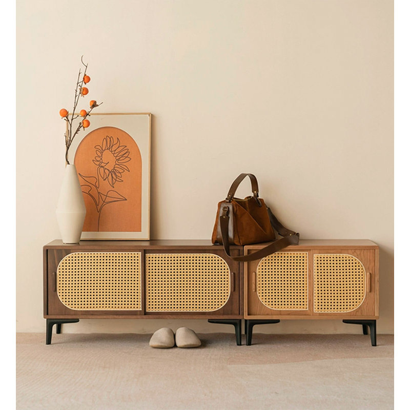 Solid Wooden Rattan Shoe Storage Bench, Tan