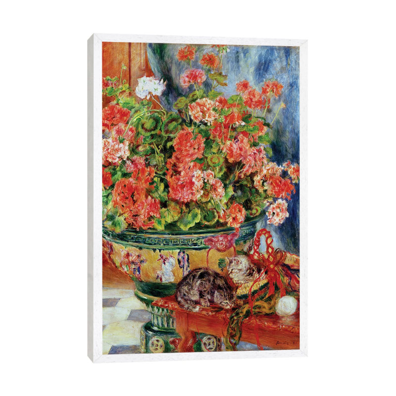 Geraniums And Cats, 1881 by Pierre-Auguste Renoir - Painting on Canvas, White Framed, 66.04cm H x 45.72cm W x 3.81cm D