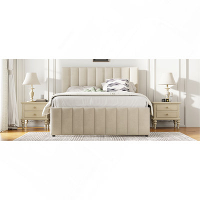 Lit plateforme double tapissier avec lit gigogne simple et 3 tiroirs, tissu en lin