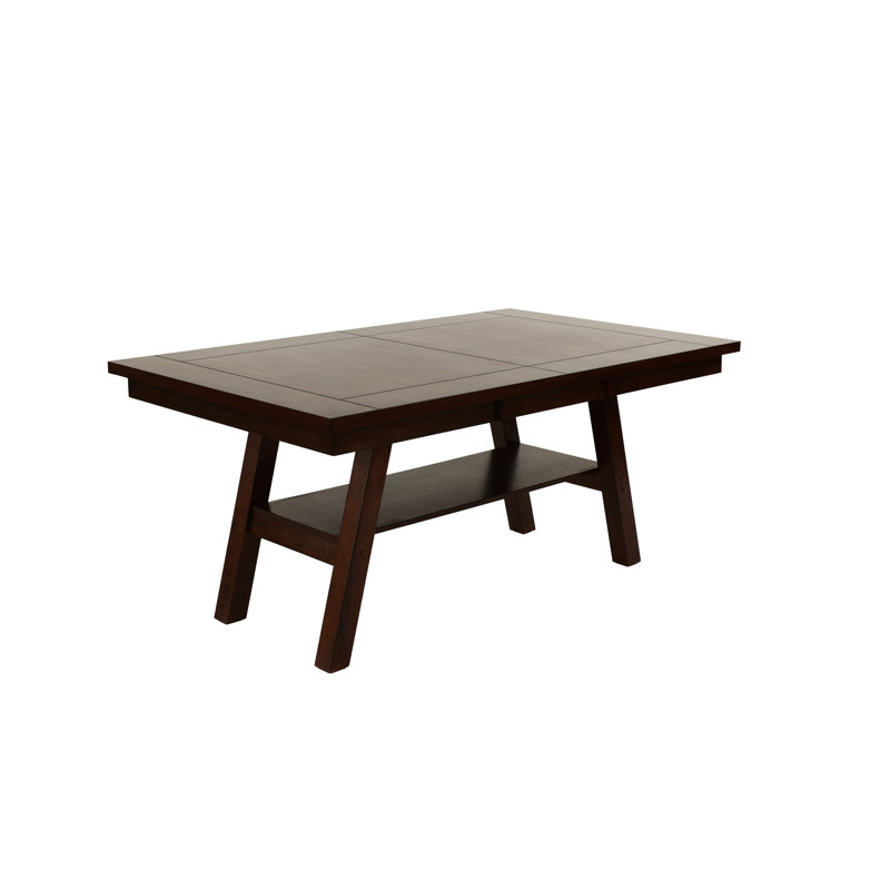 Table de salle à manger contemporaine en noyer foncé, tablette incluse, table en bois d'hévéa avec placage, base