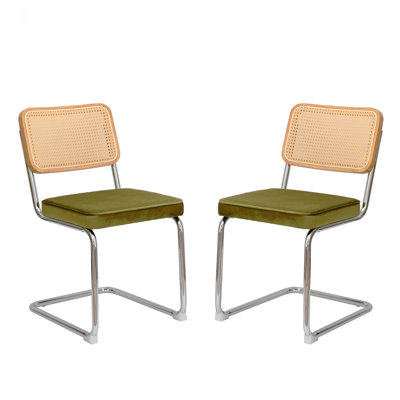 Dining Chairs Set Of 2, Velvet Rattan Side Accent Chairs With Chrome Legs, Modern Mid Century Breuer Designed Chairs, Upholstered Dining Living Room Kitchen Chairs (2Pcs)