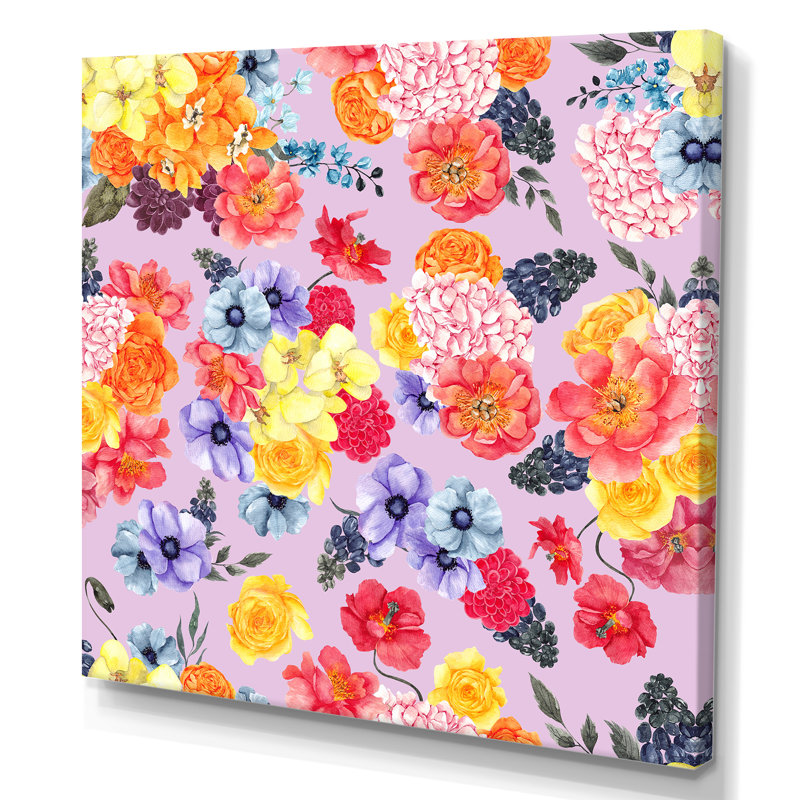 Orange, jaune, fleurs bleues sur rose - peinture sur toile, H 16 po x l 16 po, Toile tendue