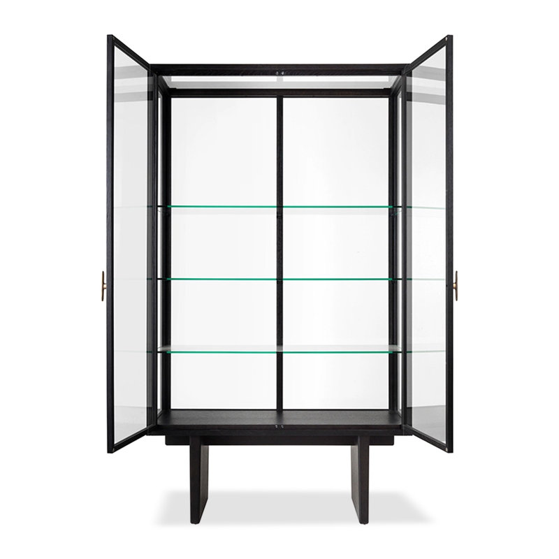 Bois noir massif + vitrines en verre trempé, 66.93" H x 43.31" W x 17.72" D