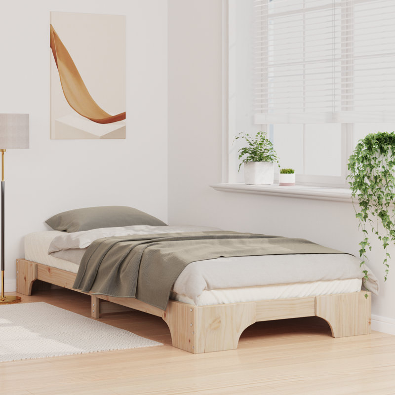 Floor Bed Frame With Storage Solid Pine Wood, 100 x 200cm, Natural