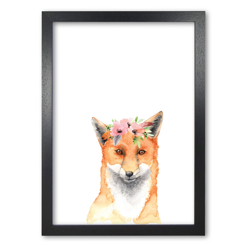 Forest Friends, Floral Fox - Painting, Black Grain Frame, 85 cm H x 60 cm W x 5 cm D
