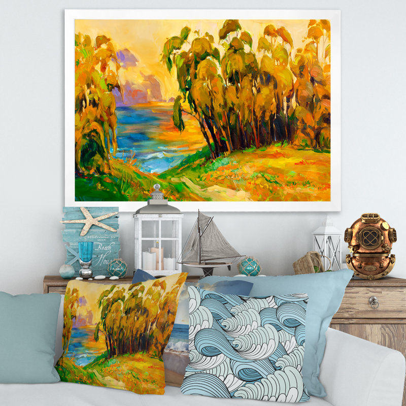 «Green Trees By The Riverside pendant Evening Glow», peinture sur toile, H 16 po x l 32 po x p 1 po, Cadre blanc