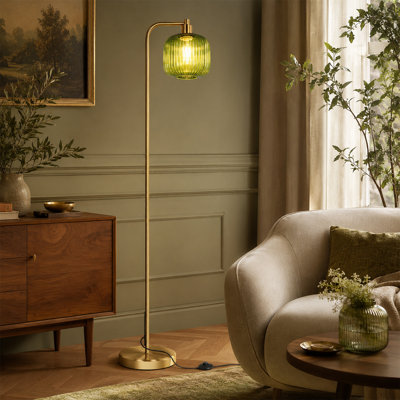 Lampe sur pied verte en verre vert pour le salon, grande lampe sur pied avec abat-jour en verre transparent nervuré (ampoule à DEL 2700K incluse)