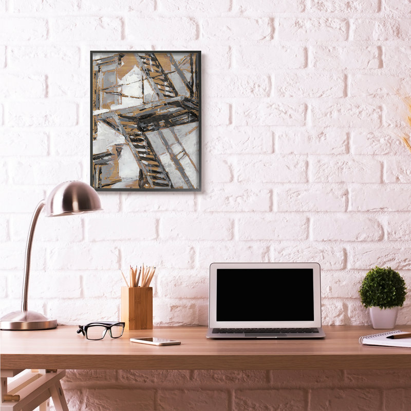 « abstract fire escape or silver city » par éthan harper-reproduction d’art, Giclée encadrée noir minuit