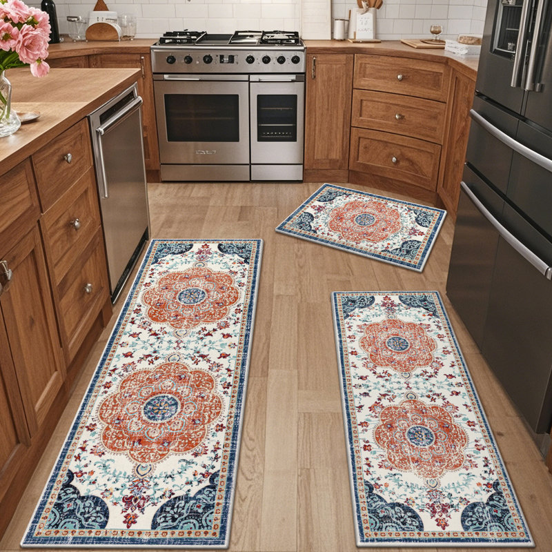 Machine Washable Non-Slip Kitchen Mat, Orange/Navy