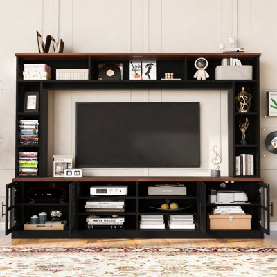 95.5" W Wall Unit Entertainment Center with Bookshelves for TVs up to 80", Modern TV Stand Media Console with Cabinets,  Tempered Glass Doors and Adju