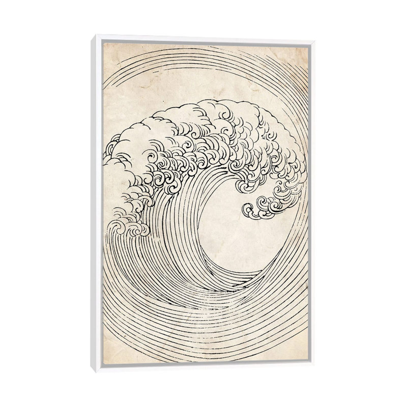 Croquis de vague zen rétro_1PC6, Cadre flottant blanc, H 26 po x l 18 po