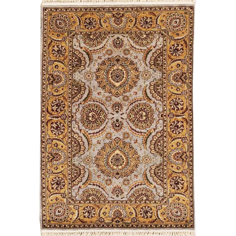 Tapis gris et doré de haute qualité noué à la main, Rectangle 3 pi 9 po x 5 pi 9 po