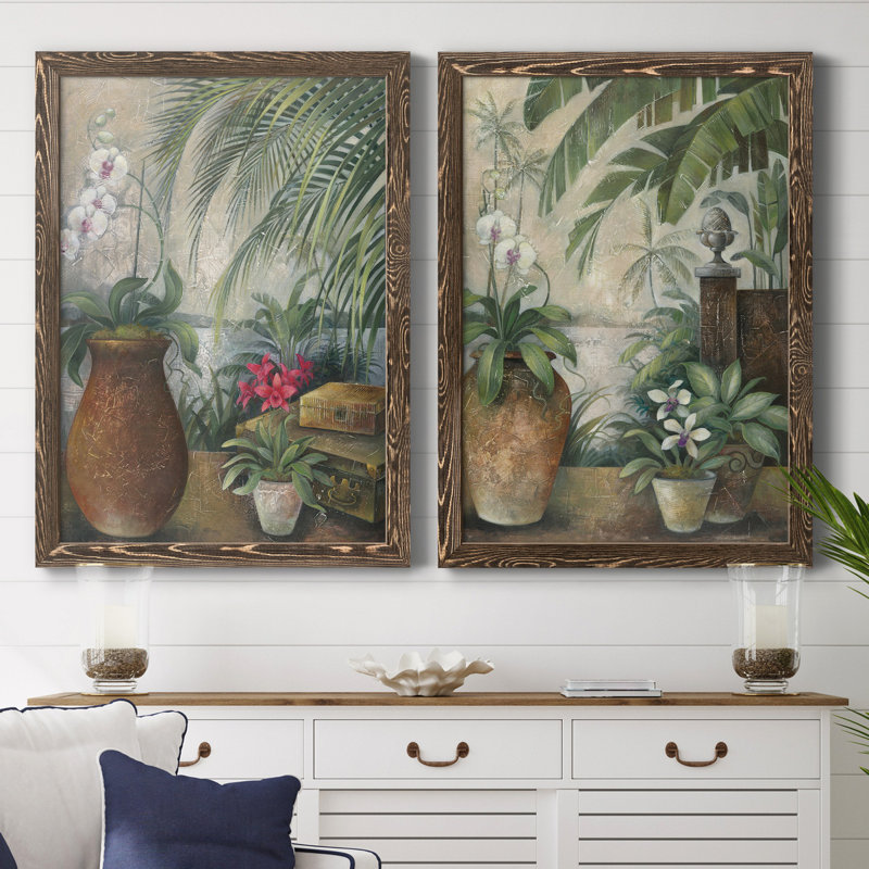 Orchidées au paradis I - ensemble de 2 reproductions d'art graphique, Toile avec cadre en noyer, Pas de tapis