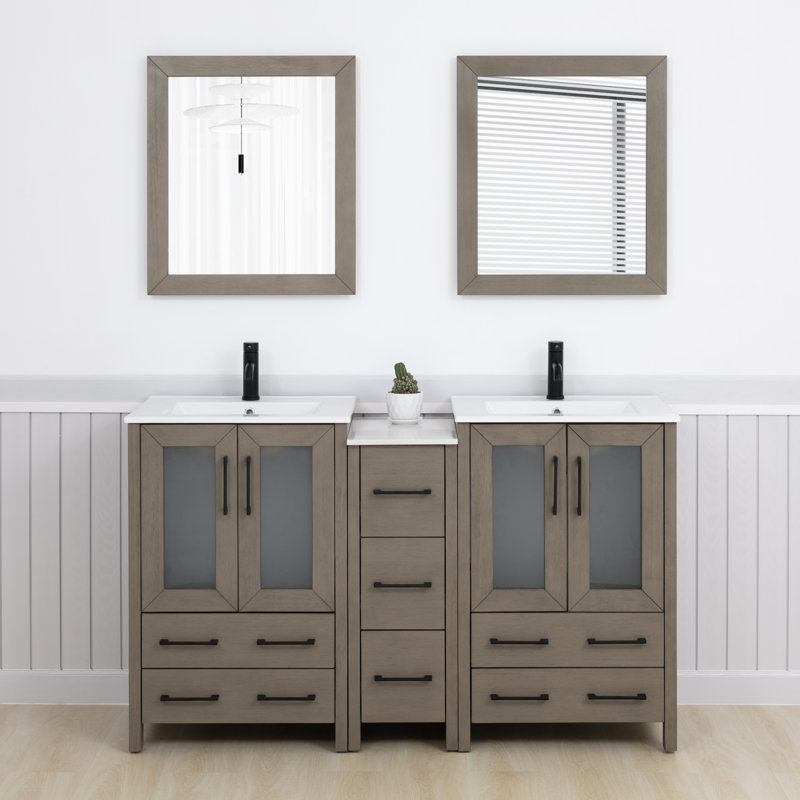 Brescia 60" Double Sink Freestanding Bathroom Vanity with Ceramic Top and Matching Mirrors, Driftwood Gray / Matte Black