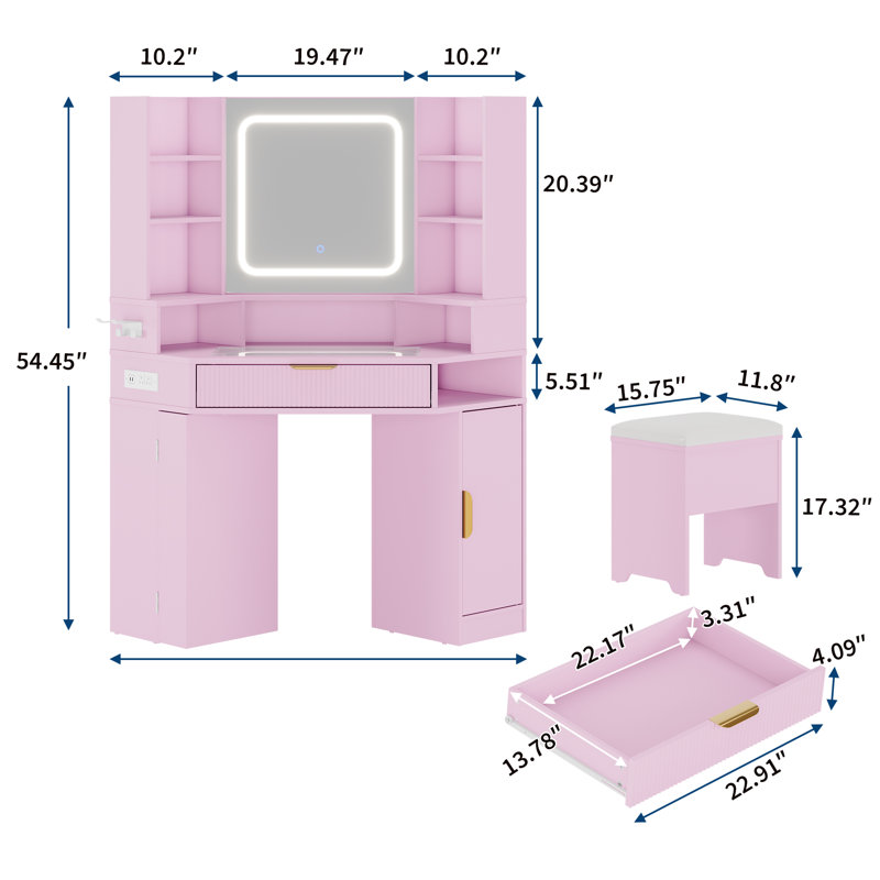 Bureau de coiffeuse d'angle avec miroir et lumières à DEL à intensité variable, coiffeuse en verre avec station de charge, commande tactile, tiroirs spacieux et casier ouvert pour la chambre à coucher, rose