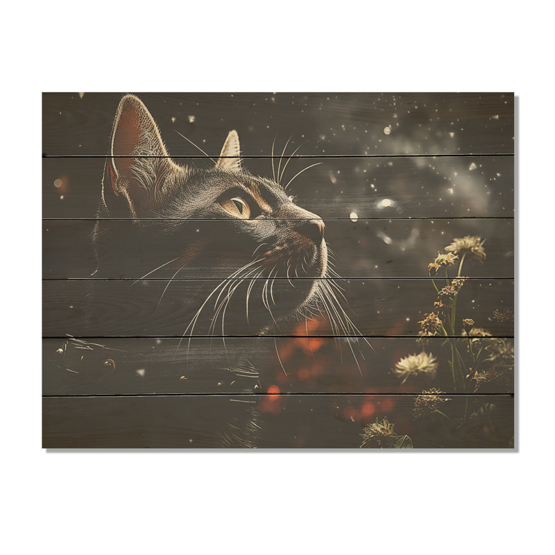 Abyssinien aventure, chat noir - Art mural en bois sur bois de pin naturel, H 30 po x l 40 po