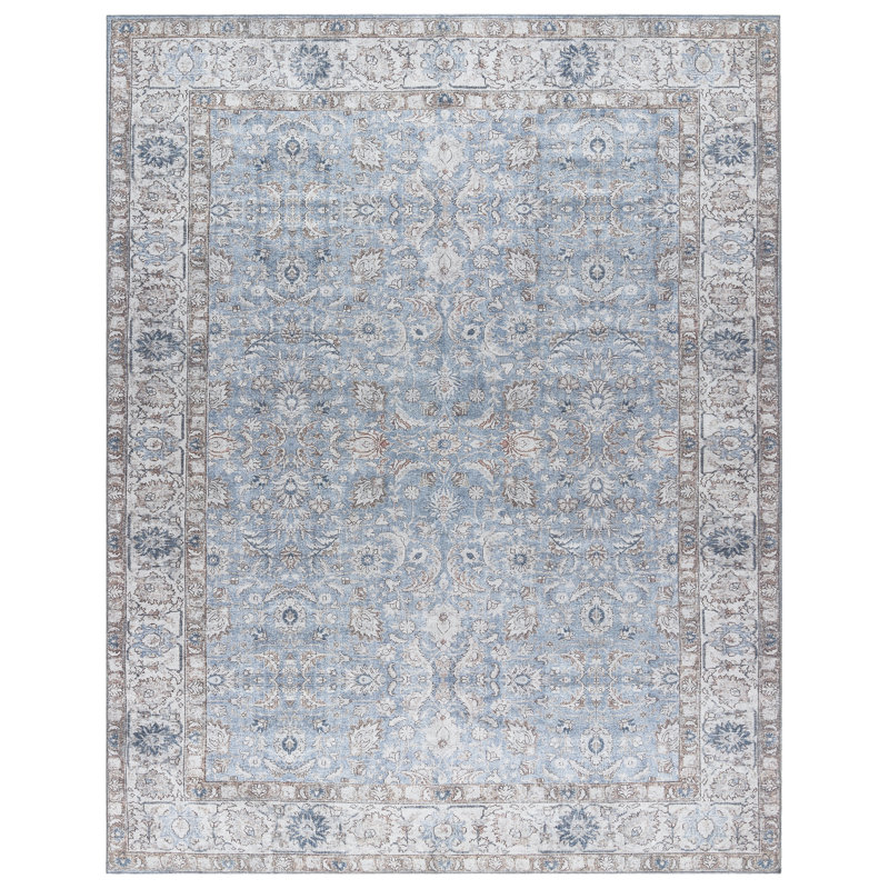 adamstown Emporia Tyras Machine Washable Traditional Border Indoor Area Rug, Ivory Light Blue Beige Non-Slip Chenille – Living Room & Bedroom