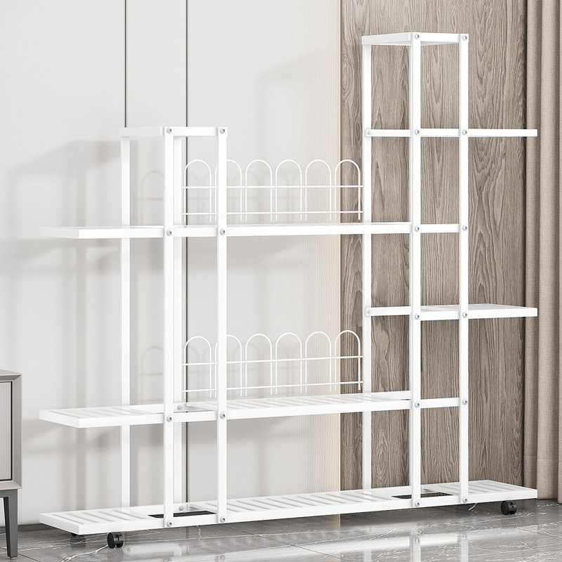Flower Display Stand, Wrought Iron Corner Multiple Planter Rack Organizer With Wheels For Room Corner Balcony, White